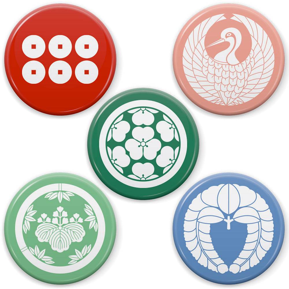 文月 戦国武将 家紋缶バッジ 「大坂の陣大阪五人衆」/【丸に七つ片喰】長宗我部盛親 【真田六文銭】真田幸村 【鶴の丸】毛利勝永 【竹丸に桐】明石全登 【下り藤】後藤又兵衛 25mm