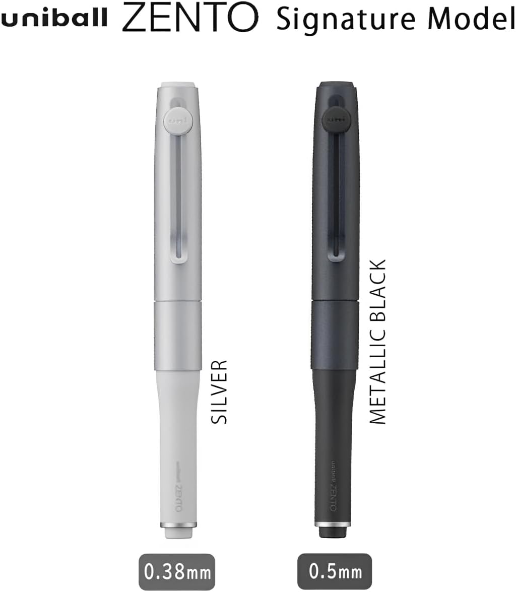 【2本セット】ユニボール ZENTO シグネチャーペン（0.38mm シルバー & 0.5mm メタリックブラック）+ 替芯6本付き（赤／青／黒）