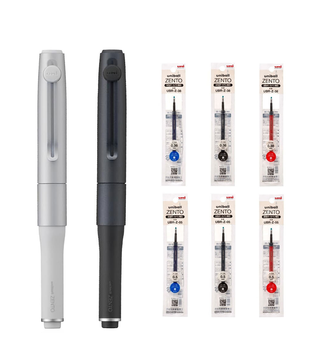 【2本セット】ユニボール ZENTO シグネチャーペン（0.38mm シルバー & 0.5mm メタリックブラック）+ 替芯6本付き（赤／青／黒）