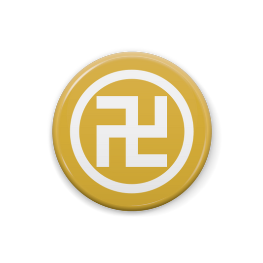 【丸に五つ割り左万字】 缶バッジ：戦国武将家紋-蜂須賀家政【櫨染】